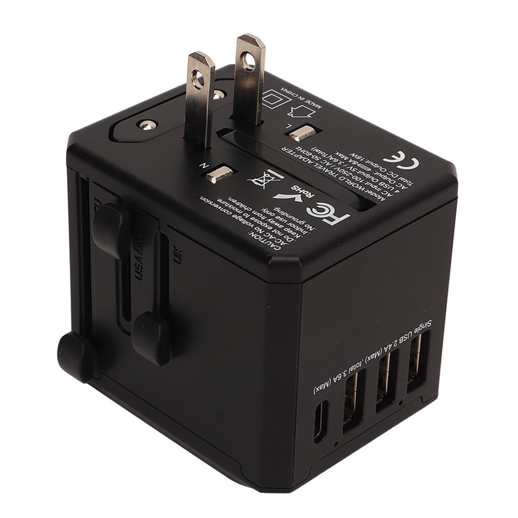 Travel Adapter Black Universal Adapter with 3 USB 1 Type C Safety Protection International Adapter