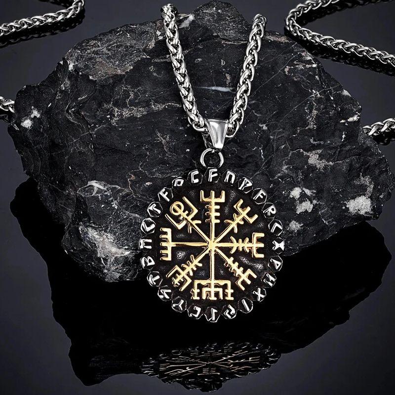 Classic Norse 24 Runes Viking Compass Necklaces Mens Amulet Vegvisir Pendant Stainless Steel Chain Icelandic Male Jewelry Gifts