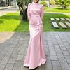ZANZEA Women Elegant Stand Collar Casual Long Sleeve Satin Long Dress