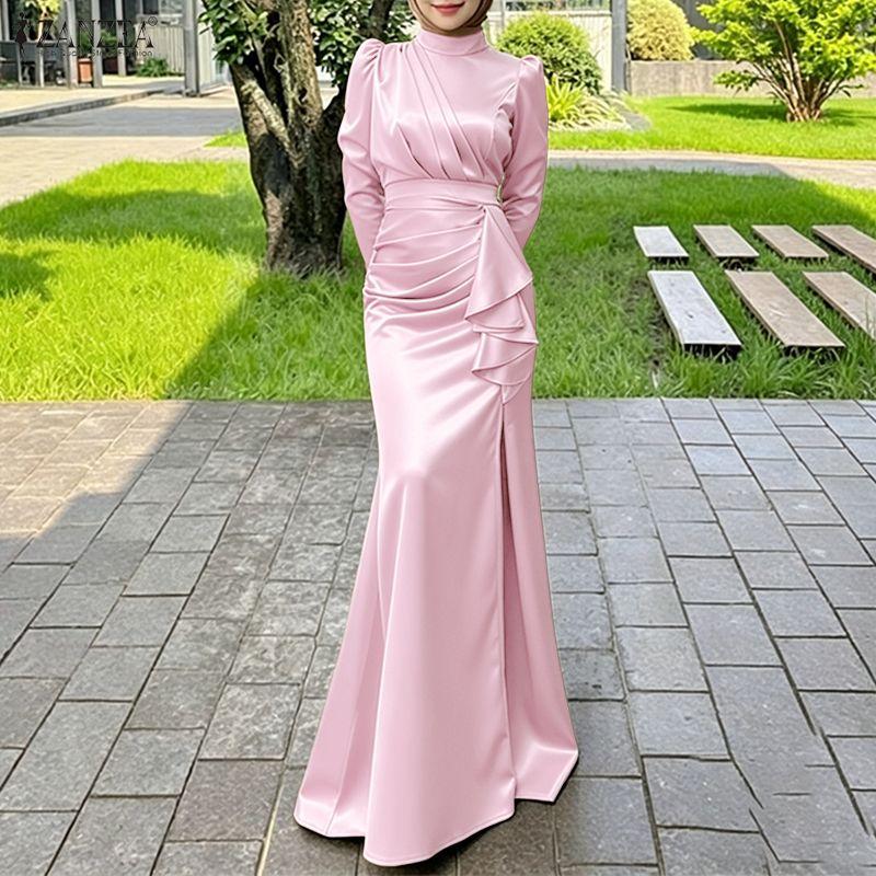 ZANZEA Women Elegant Stand Collar Casual Long Sleeve Satin Long Dress