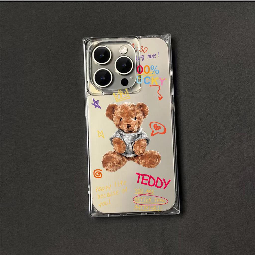 Clear Square Back Tube Case Protection For iPhone 13 12 14 Pro Max 11 15 Plus 16 ProMax Anti-Oxygen,Teddy Bear Pattern Casing