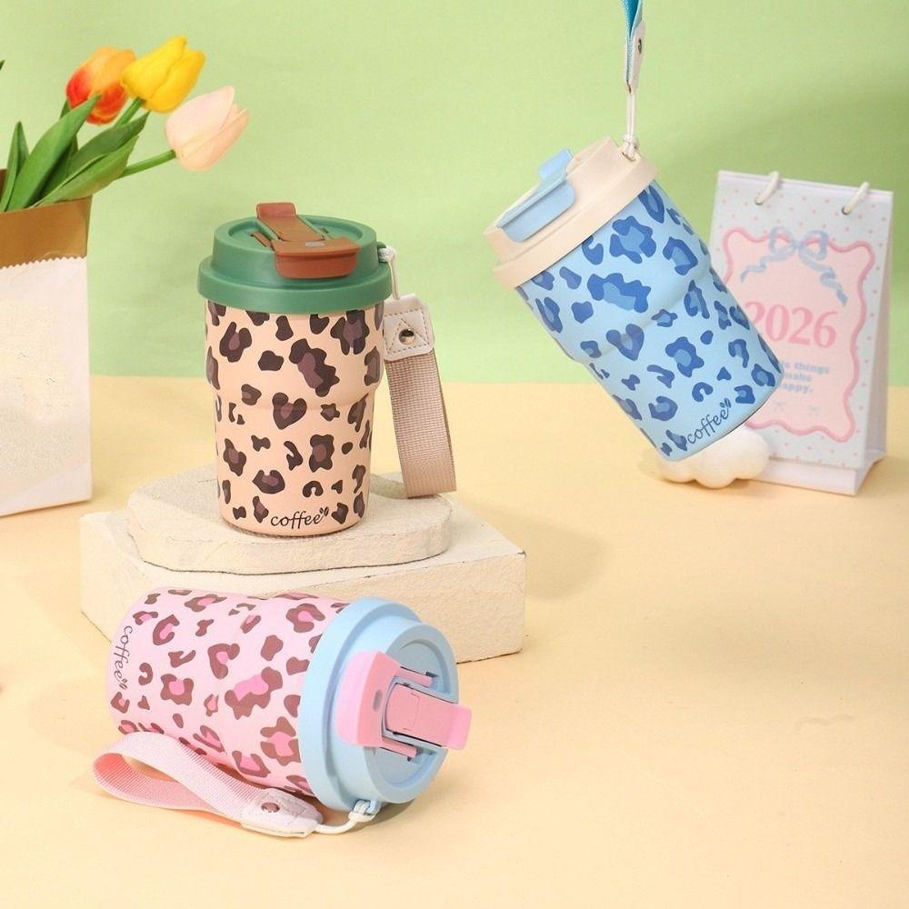 Leopard Print Thermal Water Bottle 450ml Drinking Straw Cup Vacuum Flask Sports Activities
