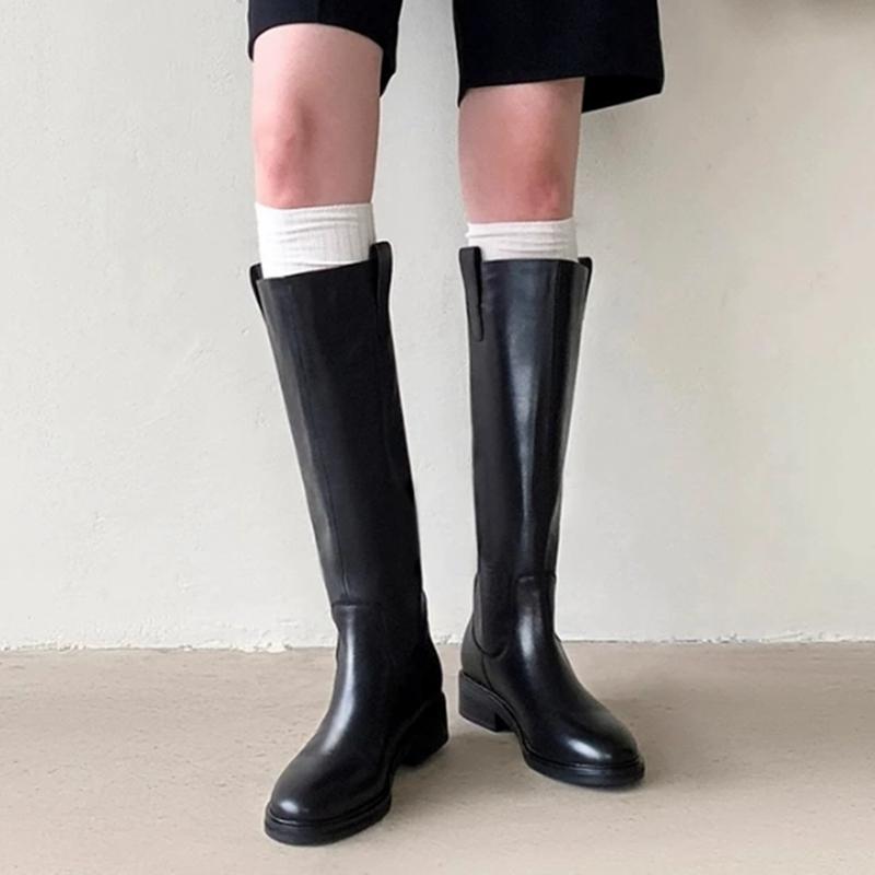 Krazing Pot Kuskinn Skinn Høst Vinter Sko Med hæler Stor størrelse 46 Rytterstøvler Kvinner Holder Varm Lår Høye Støvler