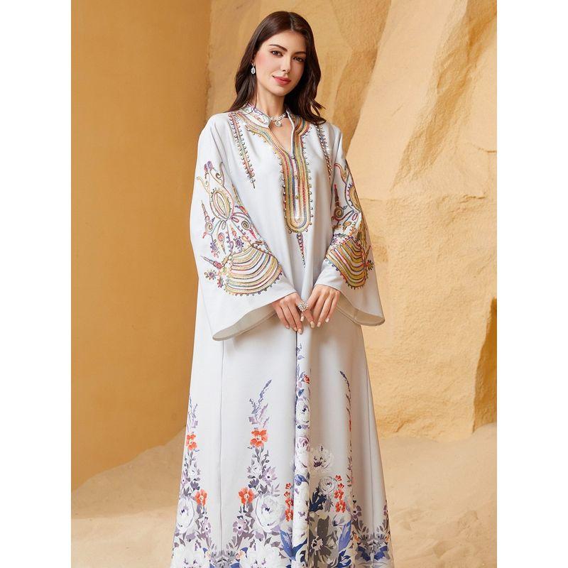 Cross-Border New Middle East Women Clothes Robe Rope Embroidery Dubai Travel Leisure White Plus Size Dresses Long Dress