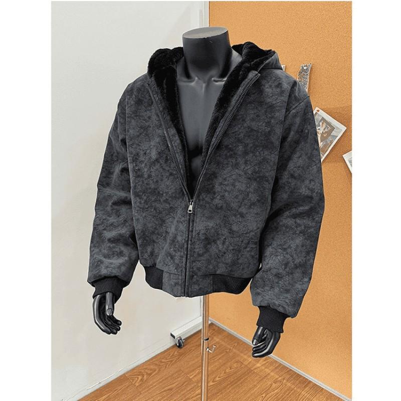 Mens Winter Fleece Lined Hooded Cotton Coat With Fur Collar Solid Color Loose Fit Warm Casual Jacket