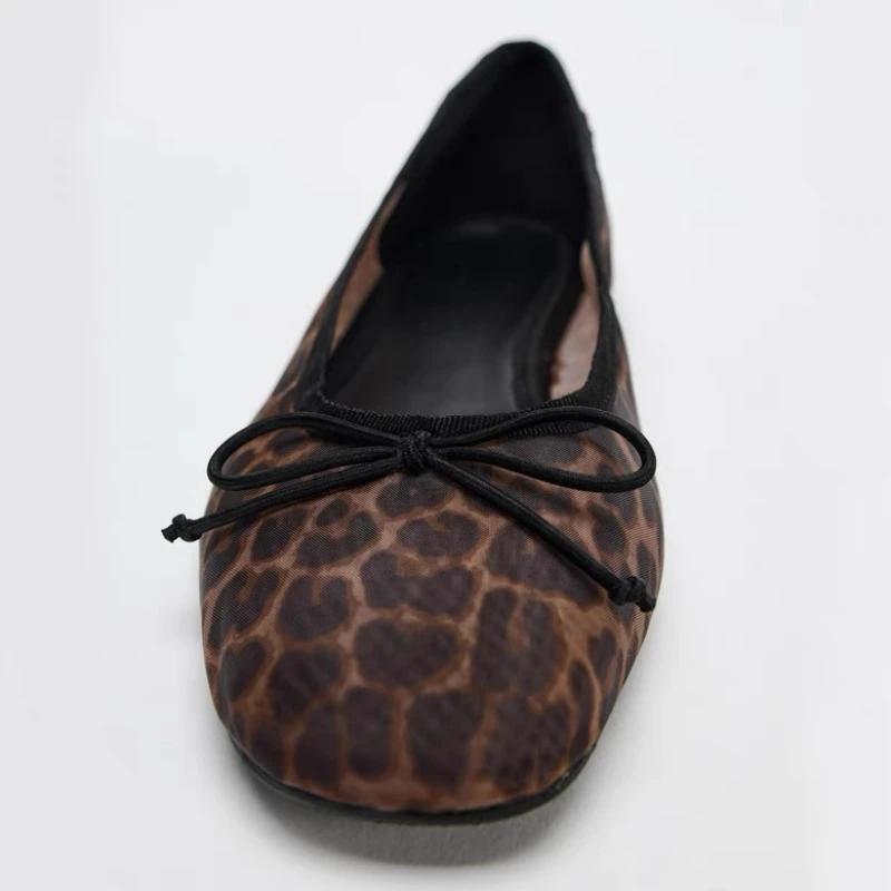 Fashion Cozy Mesh Leopard Print Ballet Flats Women Sexy Round Toe Bow Decoration Brand Designer Shoes Fashion Soft-sole Mary Jane Shoes