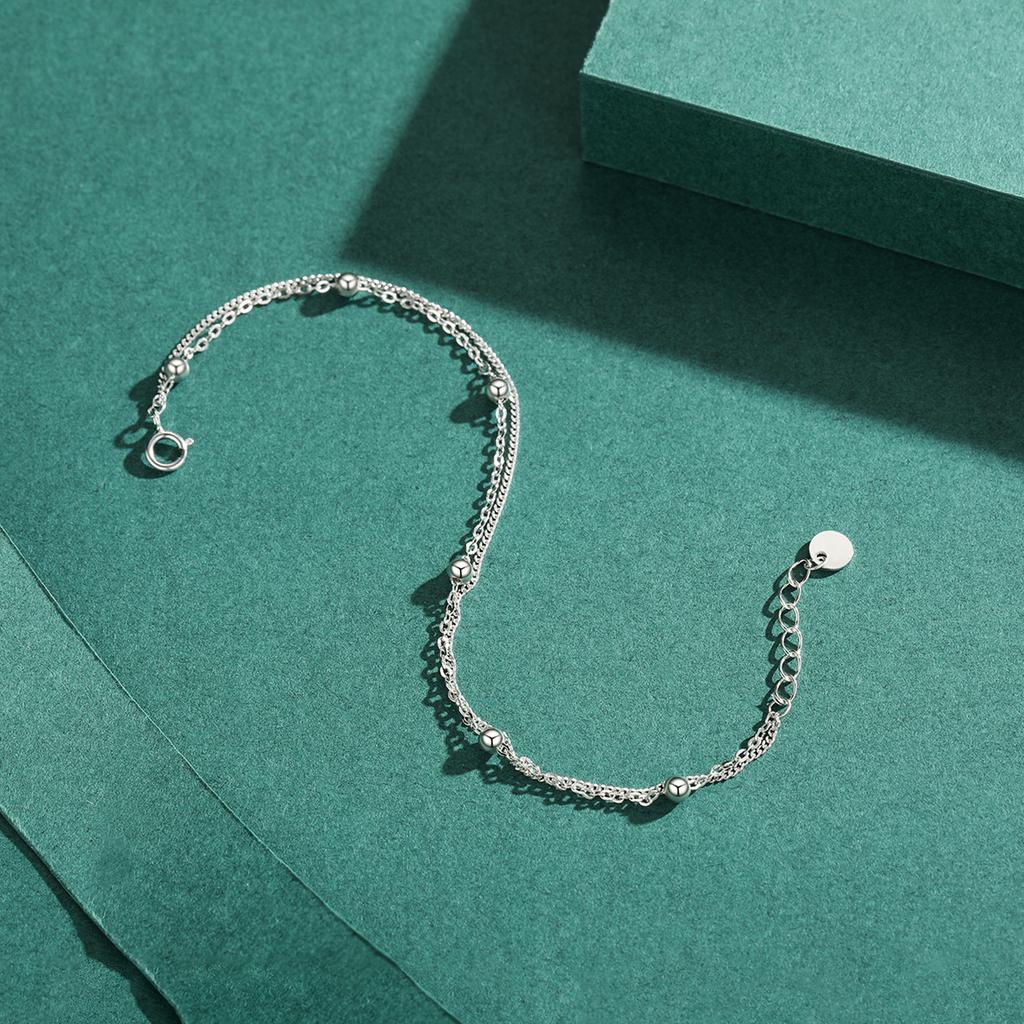 Silver Double Layer Beads Link Chain 100% 925 Sterling Silver Trendy Simple Female Bracelet for Women Wedding Jewelry