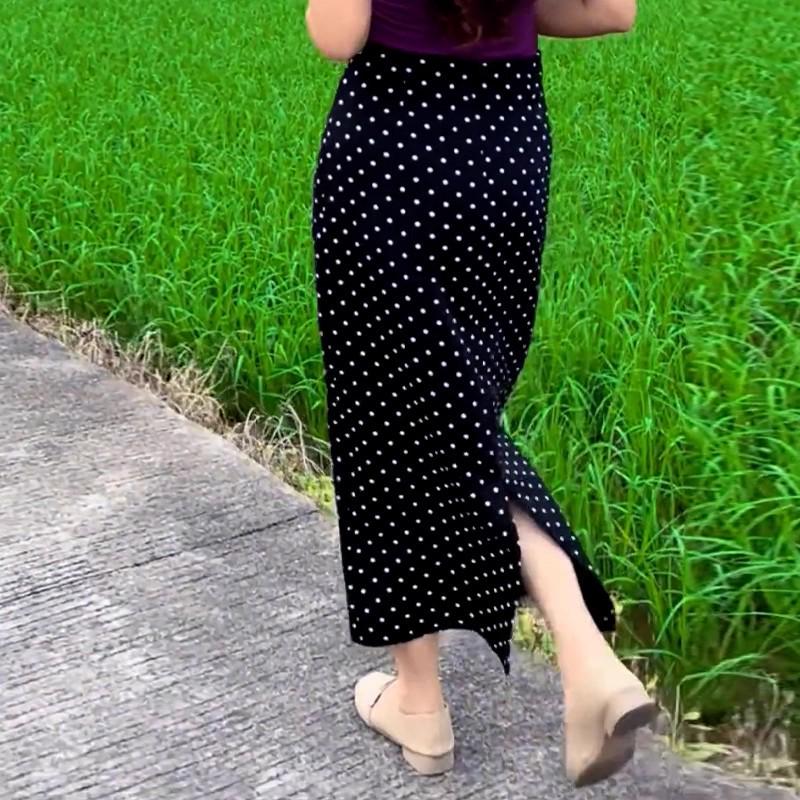 Women's 2025 Summer White Polka Dot High-Waisted Slit Skirt - Versatile & Slimming Style