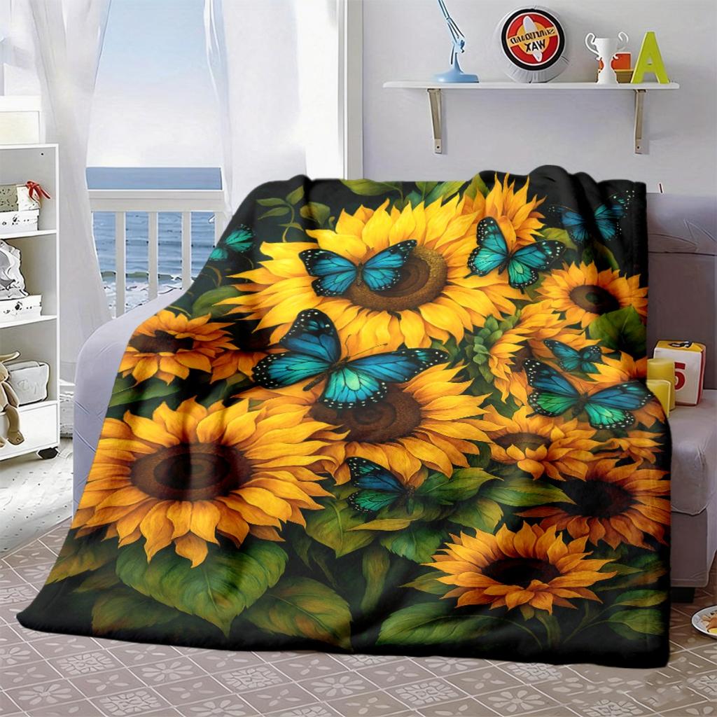 2026 New Arrivals 1pc Vibrant Sunflowers and Blue Butterfly Digital Print Flannel Throw Blanket - Ultra-Soft, Lightweight, Warm, and Cozy Fleece for S