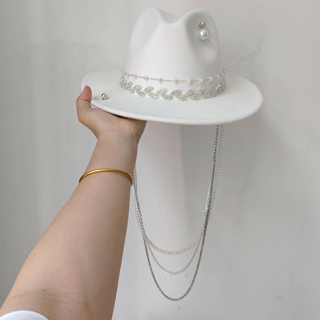 White straw hat pearl chain DIY flat top sun hat new Korean elastic ribbon hat beach hat candy color sun hat