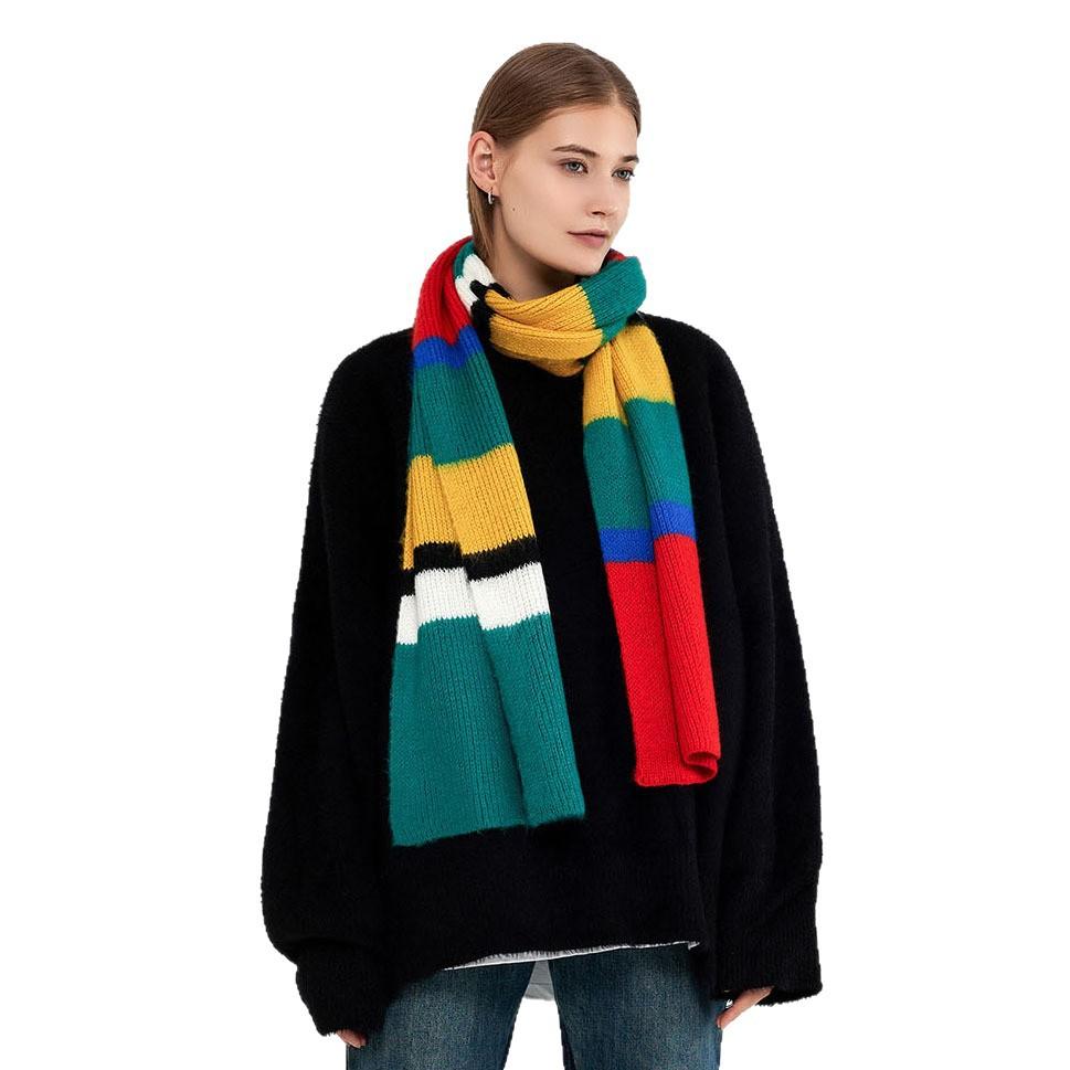 European and American Mohair Knitted Striped Scarf Women's Warm and Thickened Imitation Cashmere Color Matching Scarf Shawl