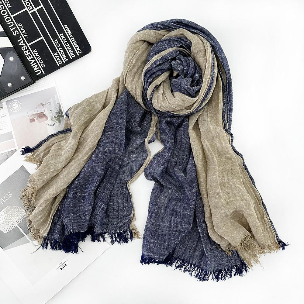 Japanese retro unisex contrasting cotton scarf autumn and winter color blocked tassel shawl men scarves 90x200cm
