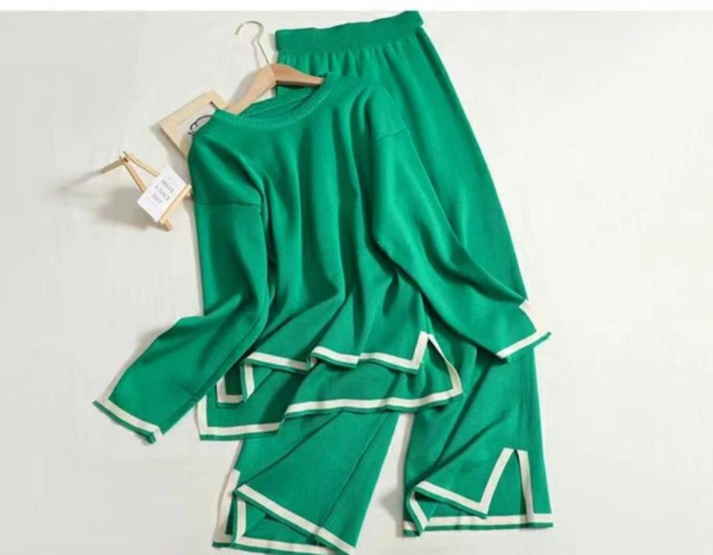 2025 Fall Contrast Long-Sleeve Knit Sweater & High-Waist Wide-Leg Pants Set