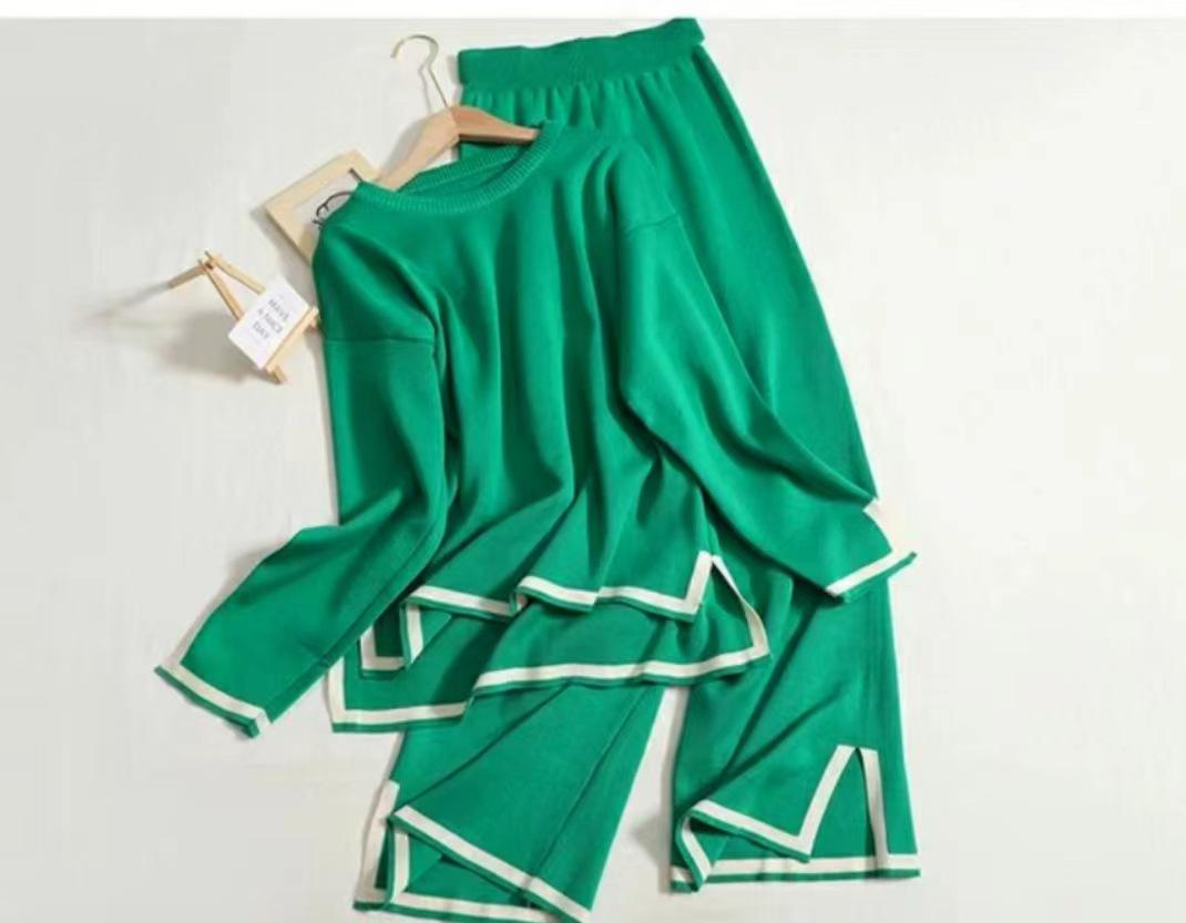 2025 Fall Contrast Long-Sleeve Knit Sweater & High-Waist Wide-Leg Pants Set One Size зелёный