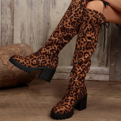 Leopard Women Casual Comfortable Round Toe High Boots Knee High Fashion Chunky Winter Trend Designer Boots Shoes for Women