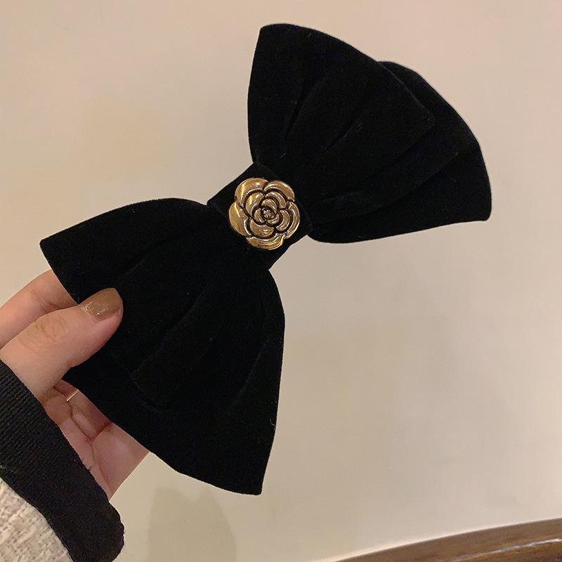 New Black Velvet Bow Hairpin for Women Elegant Fabric Alloy Roses Ponytail Hair Clips Barrette Heawear Hair Accessories
