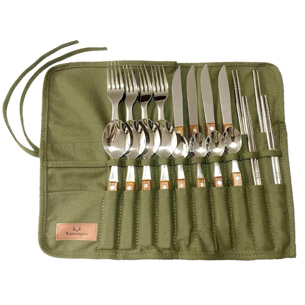 Cutlery Set for 4 21 Wooden Stainless Moss Green People, Pieces, Camping/Outdoor Use, Storage, & Steel, Folding, Knife, Fork, Spoon, Chopsticks,