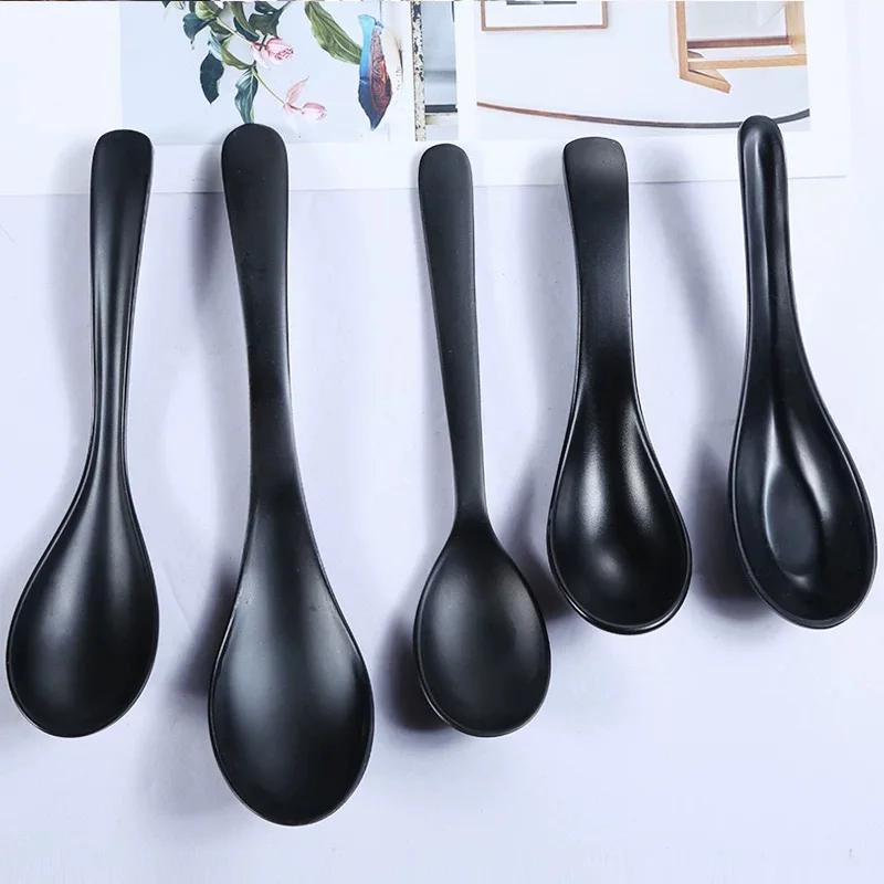 Diamine Long Handle Soup Spoon Black Imitation Porcelain Cutlery Short Handle Food Grade Plastic Spoon Korean Food Spoon