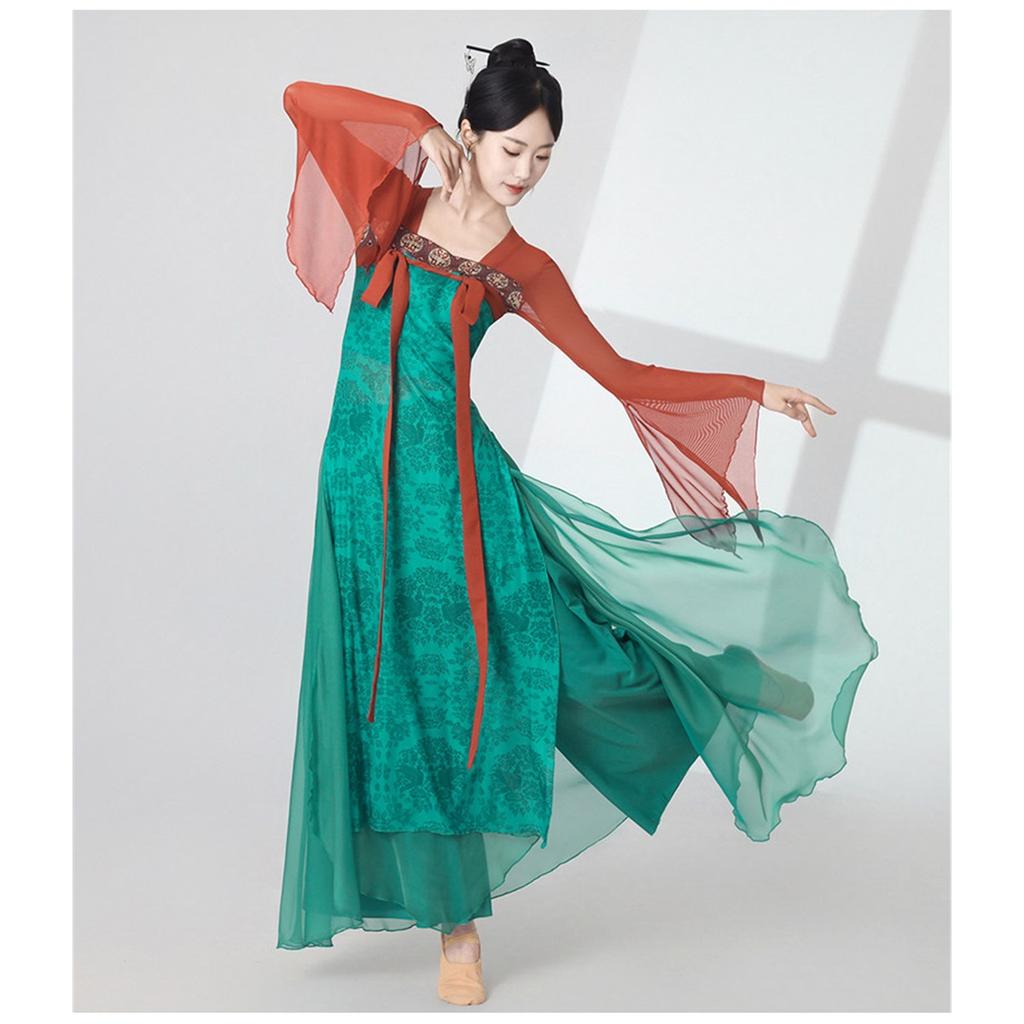 Women's Chinese Classical Dance Costume, Red Green Contrast Color Flowy Chiffon Performance Dress With Long Sleeves