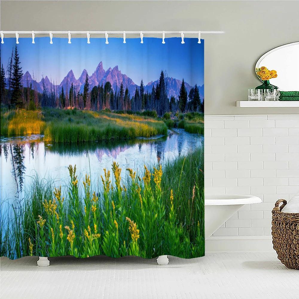 Natural Scenery Waterproof Fabric Shower Curtain Bathroom Curtains With Hooks 180X180Cm Landscape Bath Screen Home Decoration
