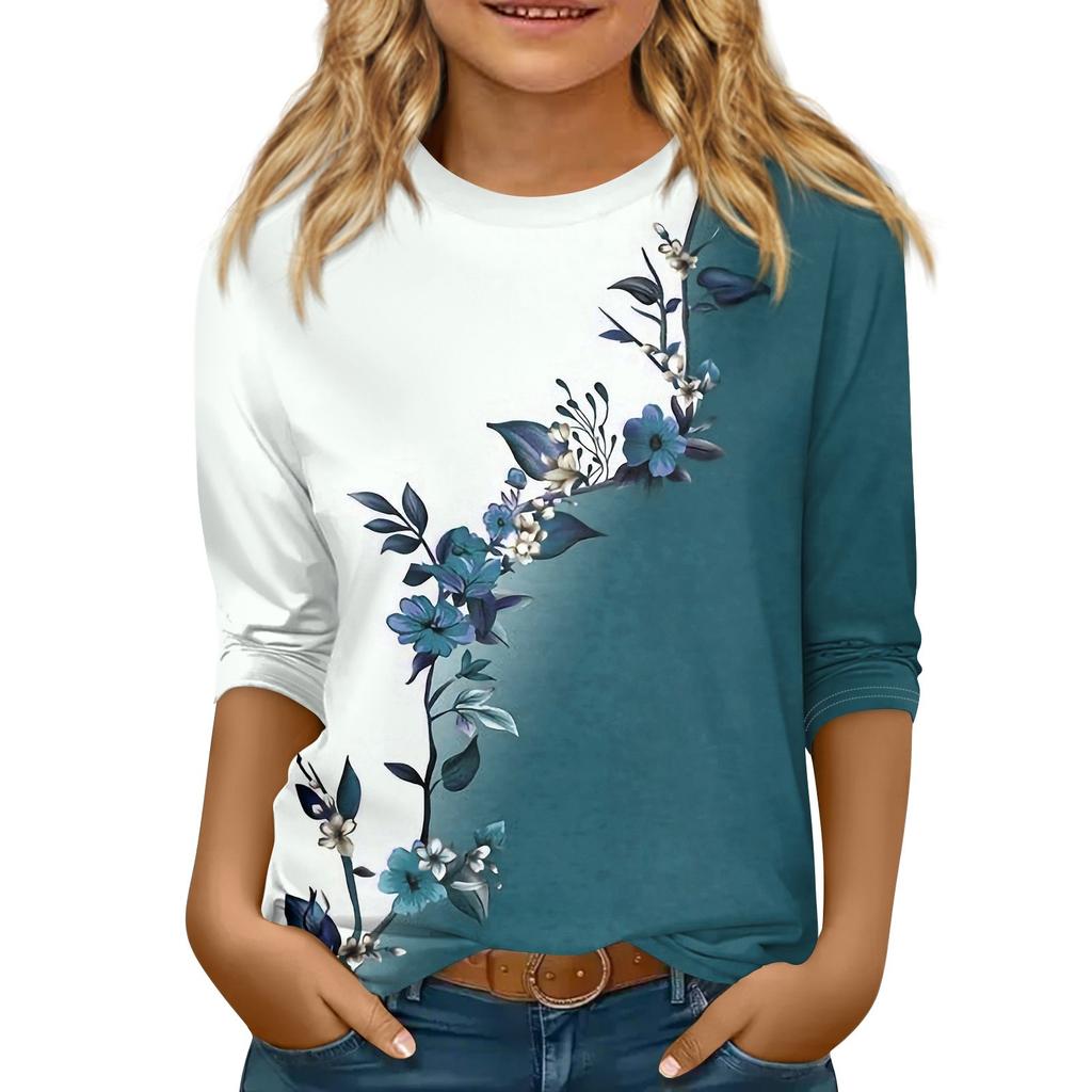 Children's 3/4 Sleeve Tops Casual  Print T Shirt Round Neck Pullover Blouse