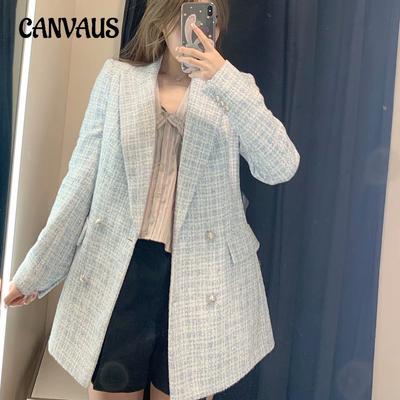Giacca da donna autunnale in tweed con decorazione tascabile, manica lunga, stile vintage