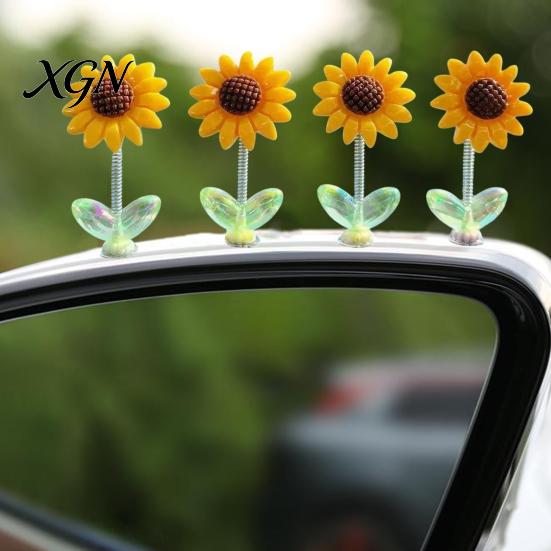 Car Interior Decor for Teen Girls Sunflower Dashboard Decor, Resin Wobble Flower Ornament with Non Cute Slip Adhesive, Shaking Rearview Mirror Office