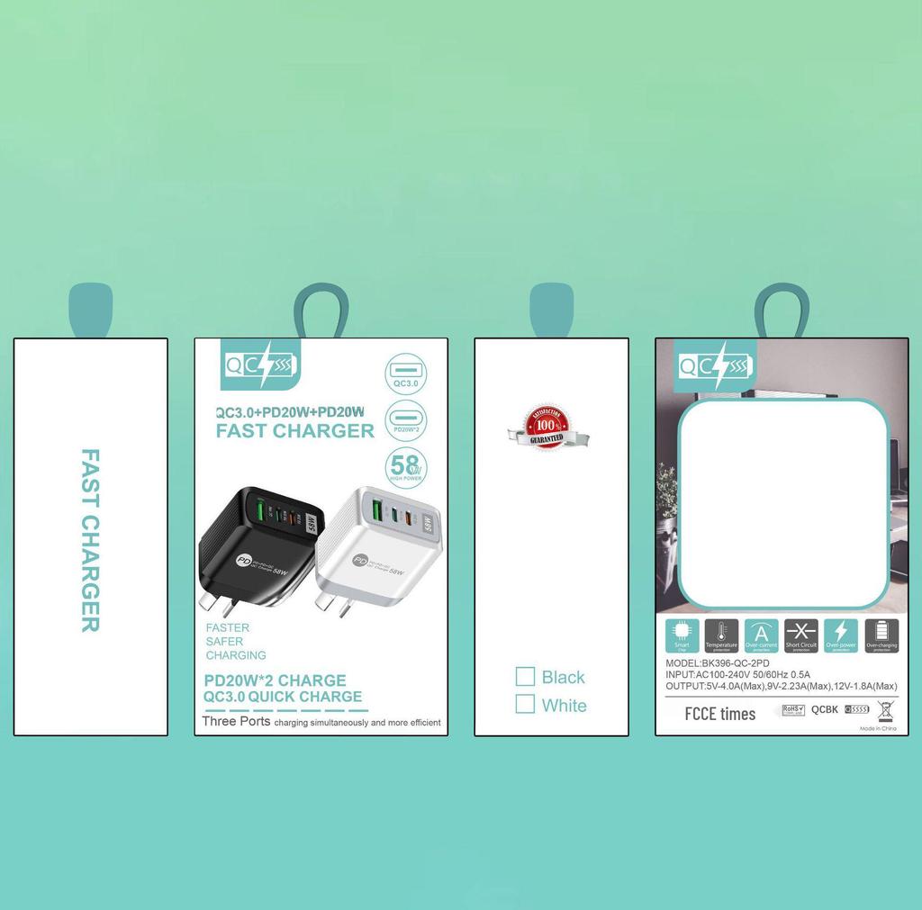 58W Dual Fast Charger with 2PD + QC3.0 - Compatible with EU, US, UK, KR, AU Standards