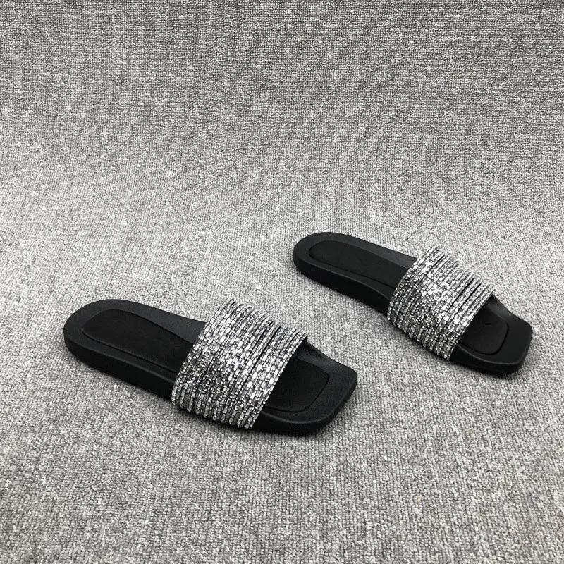 Fashion 2024 Summer Fashion New Sexy Casual Outerwear Solid Color Crystal Flat Slippers Comfortable Sandals
