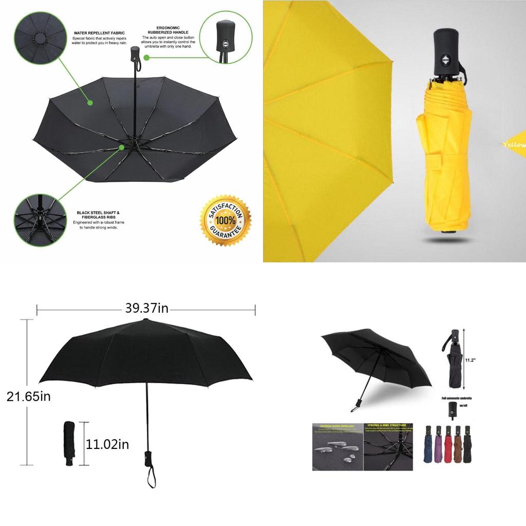 Sleek Black 10 Ribs Compact Folding Umbrella With Auto Open Close Feature