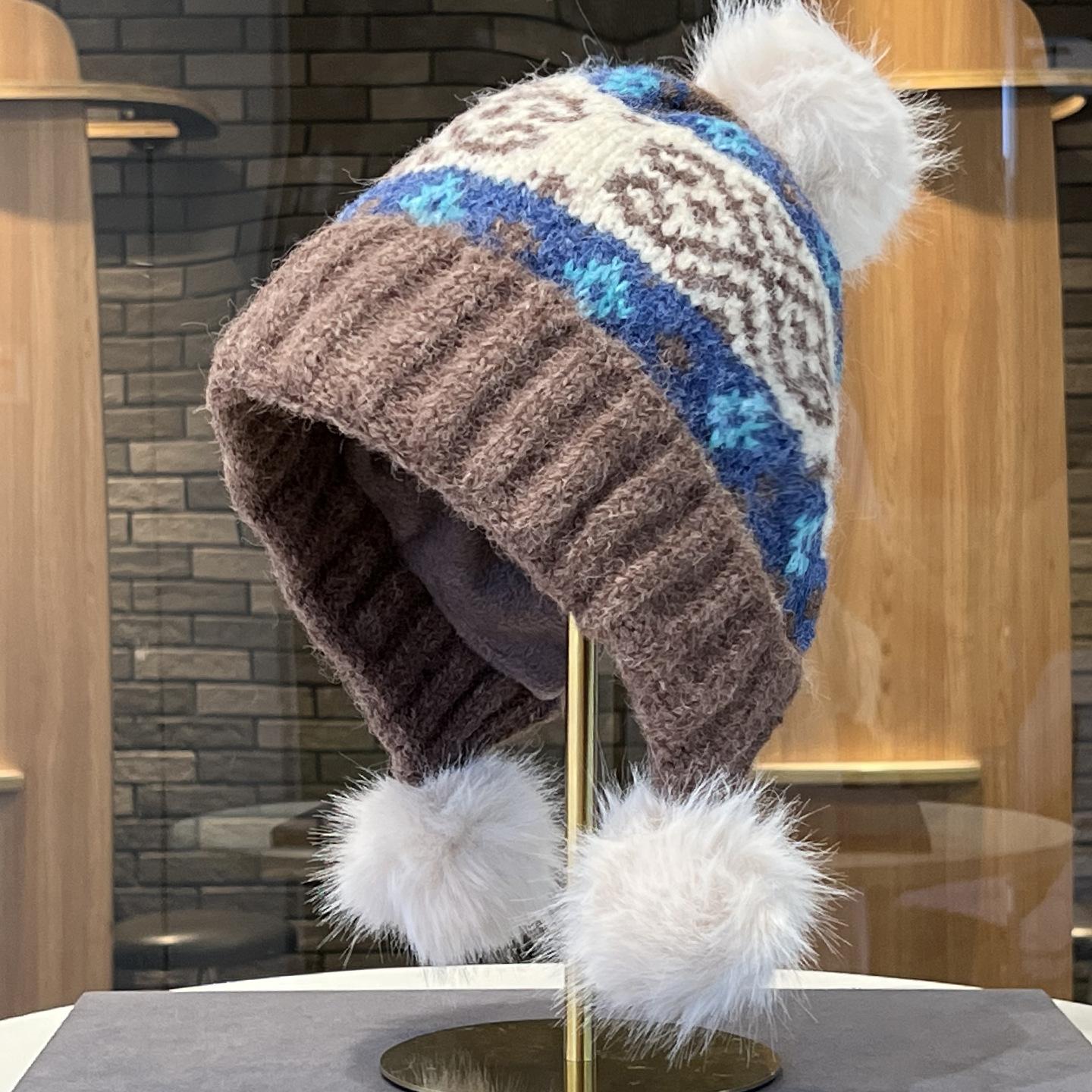 

Новая вязаная шапка в стиле Fair Isle с помпоном и клетчатым узором для женщин на осень и зиму, для защиты от холода и сохранения тепла, утолщенная и бархатная, универсальная M（56-58cm）