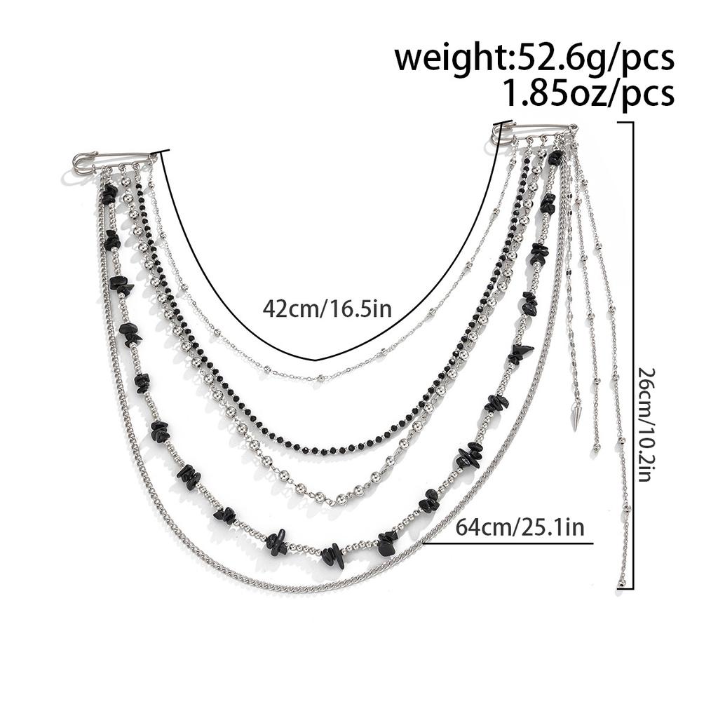 Long Tassel Chain Black Beaded Brooch Unique Trendy Design Drip Shaped Heart Multi-Chain Pin Suit Clothing Accessories Gifts