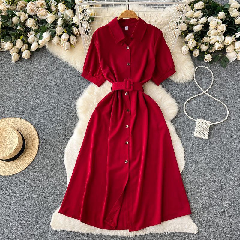 

Retro Dress Summer New Arrival Niche Style Waist-Tight Platycodon Grandiflorum Burgundy One size