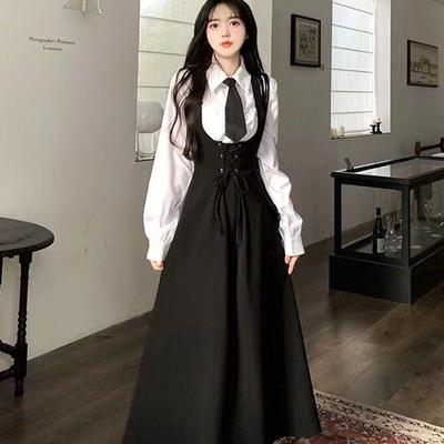 Podzimní 3dílná sada šatů ve stylu Preppy Ženy Ležérní Jednoduché Košile + Kravata+ Elegantní Šaty s páskem bez rukávů Korejský módní oblek