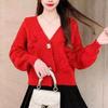 Pullover Damen Herbst und Winter Oberbekleidung Retro Japanischer Lazy Style V-Ausschnitt Schleife Locker gestrickte Strickjacke