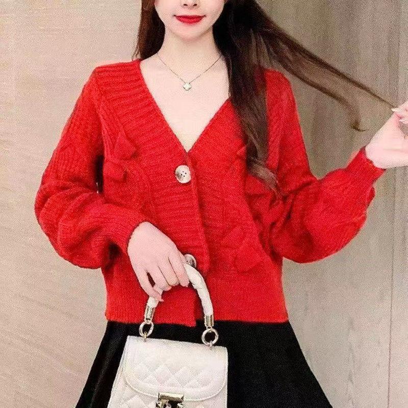 Pullover Damen Herbst und Winter Oberbekleidung Retro Japanischer Lazy Style V-Ausschnitt Schleife Locker gestrickte Strickjacke