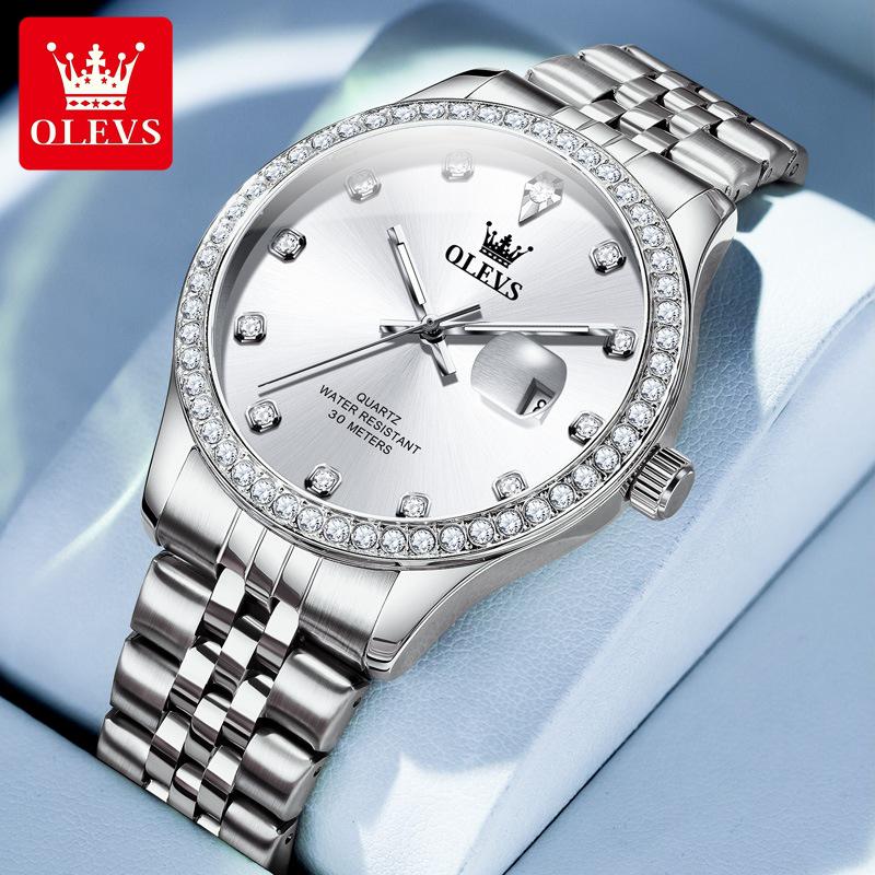 Olishi Men's Luminous Waterproof Quartz Watch with Diamond Bezel and Steel Band