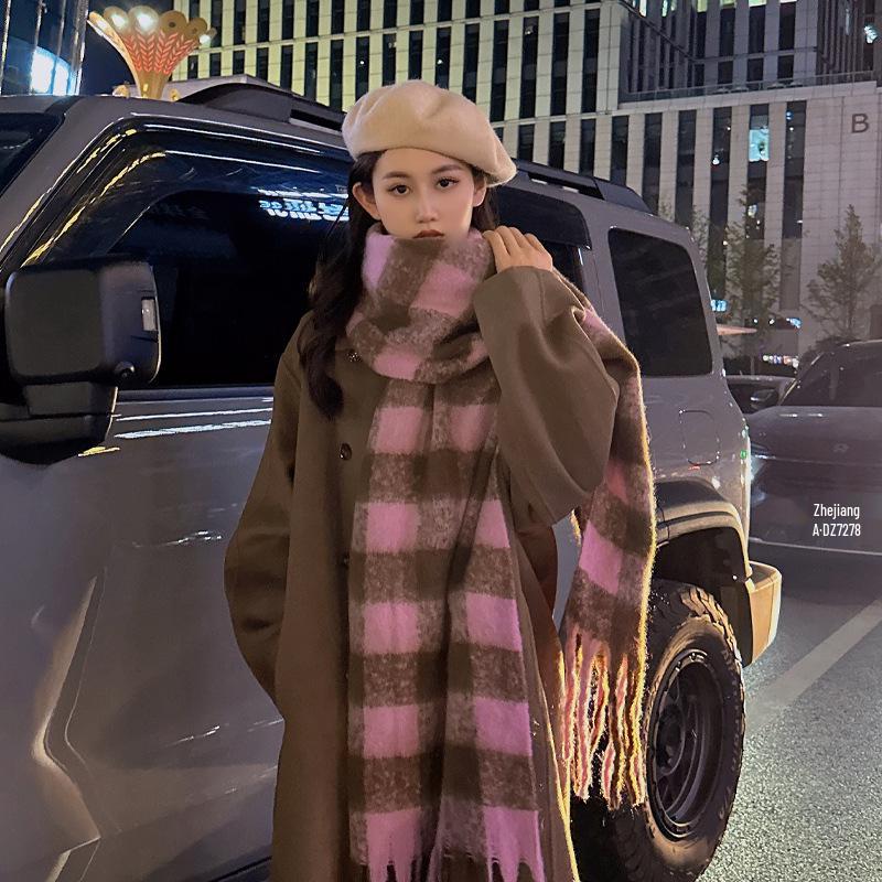 Korean Style Plaid Mohair Scarf - Women's Winter Imitation Cashmere Shawl