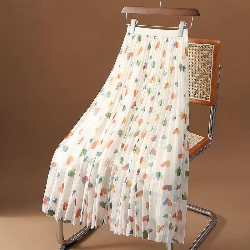 Printed Polka Dot Chiffon Midi Skirt for Women In Summer Elastic High Waisted A-line Mid Length Skirt Hanging and Stylish with A Large Umbrella Skirt
