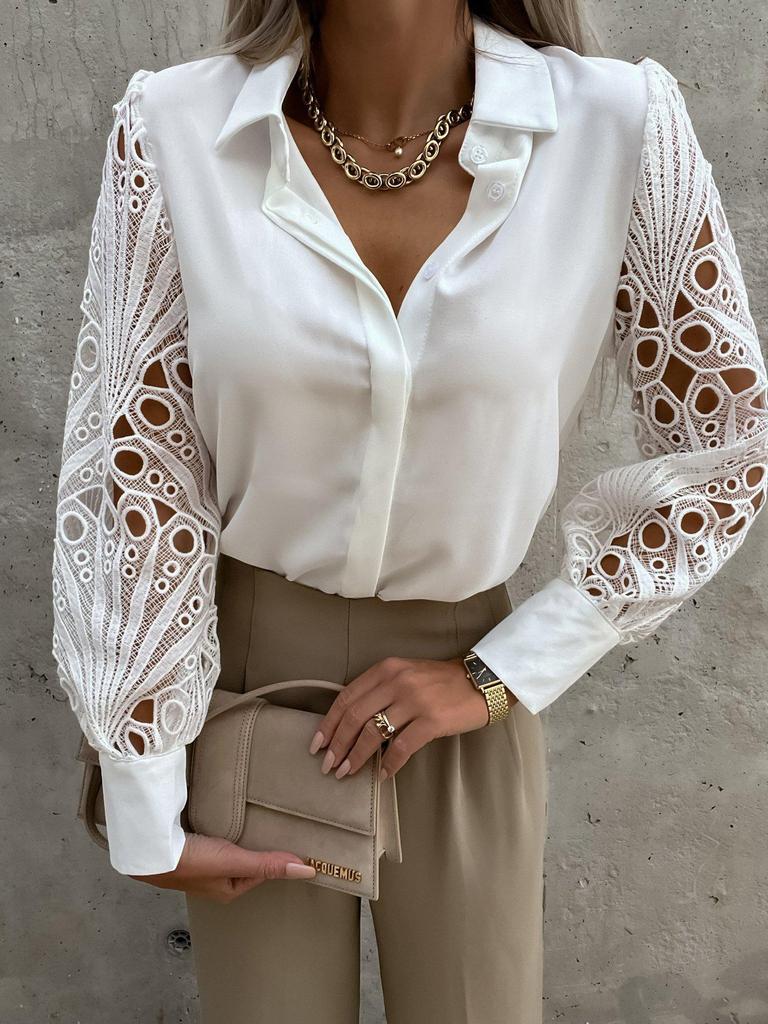 2025 Spring-Summer Women's Solid Color Lace Patchwork Blouse