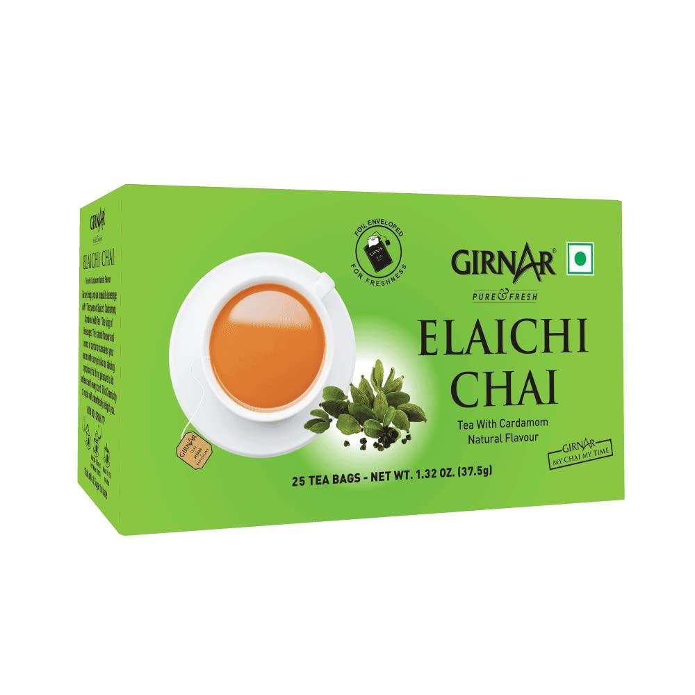 Girnar Elaichi Chai Cardamom Black Tea Foil Wrapped 25 Tea Bags Natural Beverage