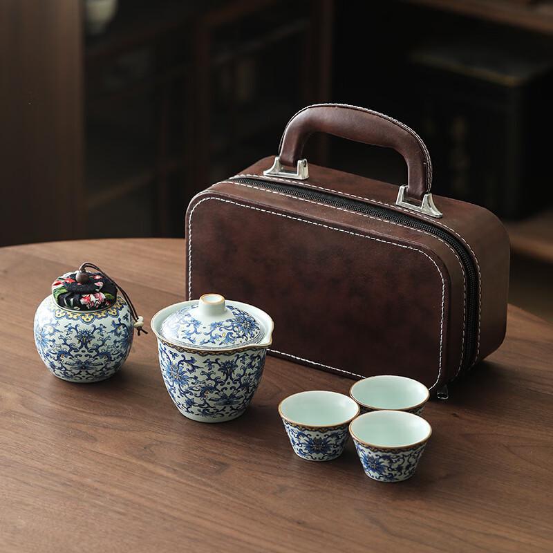 

Chinese Ceramic Tea Set with Pot, Cups, and Tea Caddy One Pot, Three Cups + Tea Caddy, Small Brown Bag