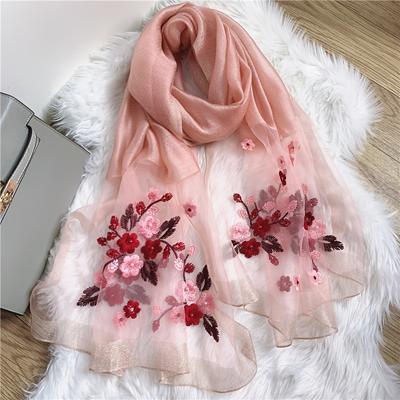Imitation Silk Scarf Floral Embroidered Beaded Thin Scarves Shawl Beach Towel Sunscreen Head Wrap Windproof Hijab