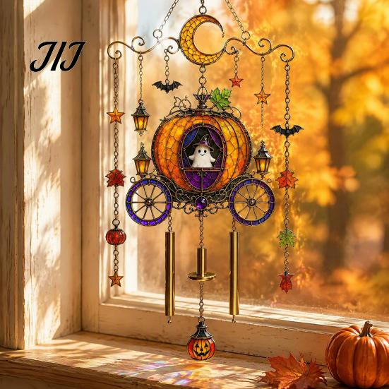 Bat Moon Themed Decor Halloween Stained Glass Style Wind Chime, Acrylic Suncatcher Hanging Ornament with Ghost Black Cat Artistic Window Light