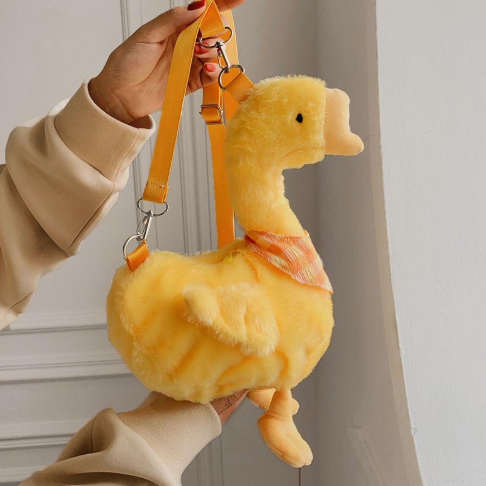 Solid Color Cute Duck Crossbody Bag Zipper Shoulder Bags Casual Big Goose Plush Bag  Streetwear