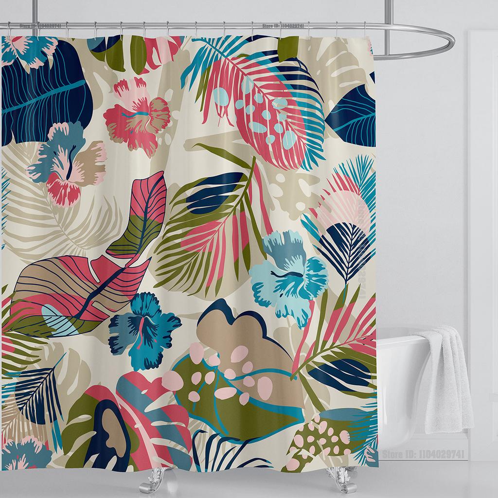 Bohemian Shower Curtain Tropical Jungle Wildlife Bathroom Set Modern Pink Aesthetic Parrot Floral Bathroom Curtain With Hooks