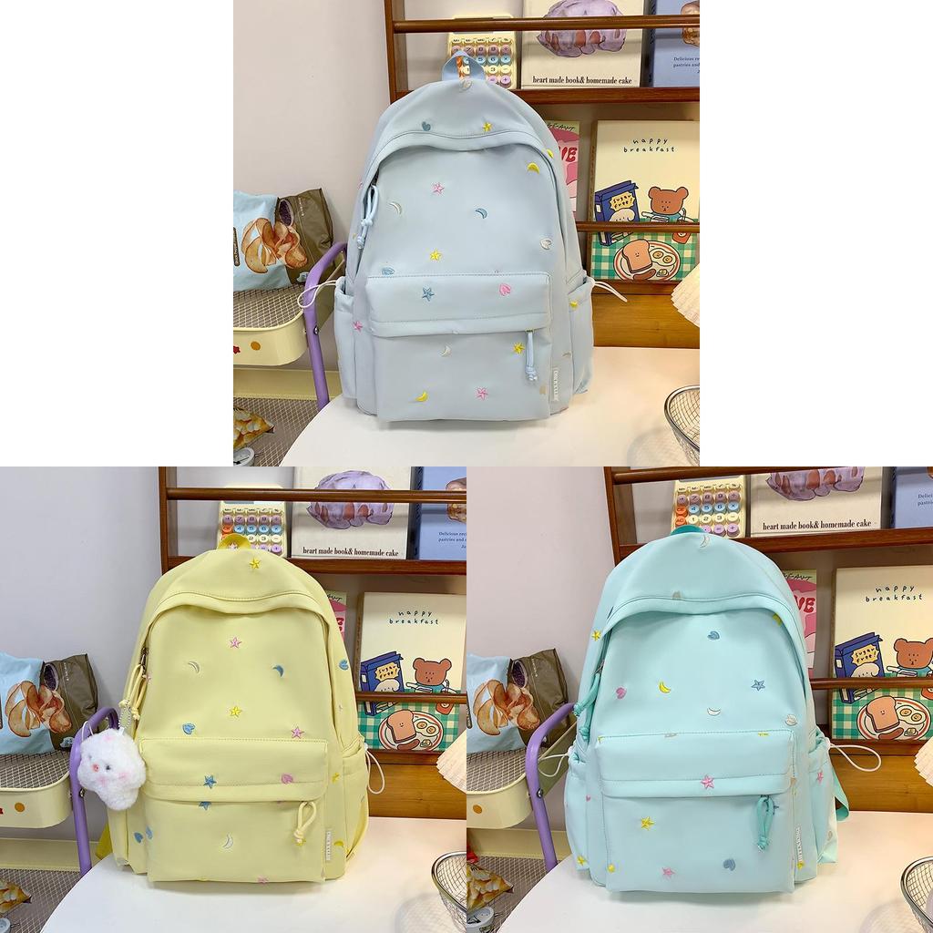 Waterresistant Student Backpack With Star And Moon Embroidery Design For Casual Travel And School