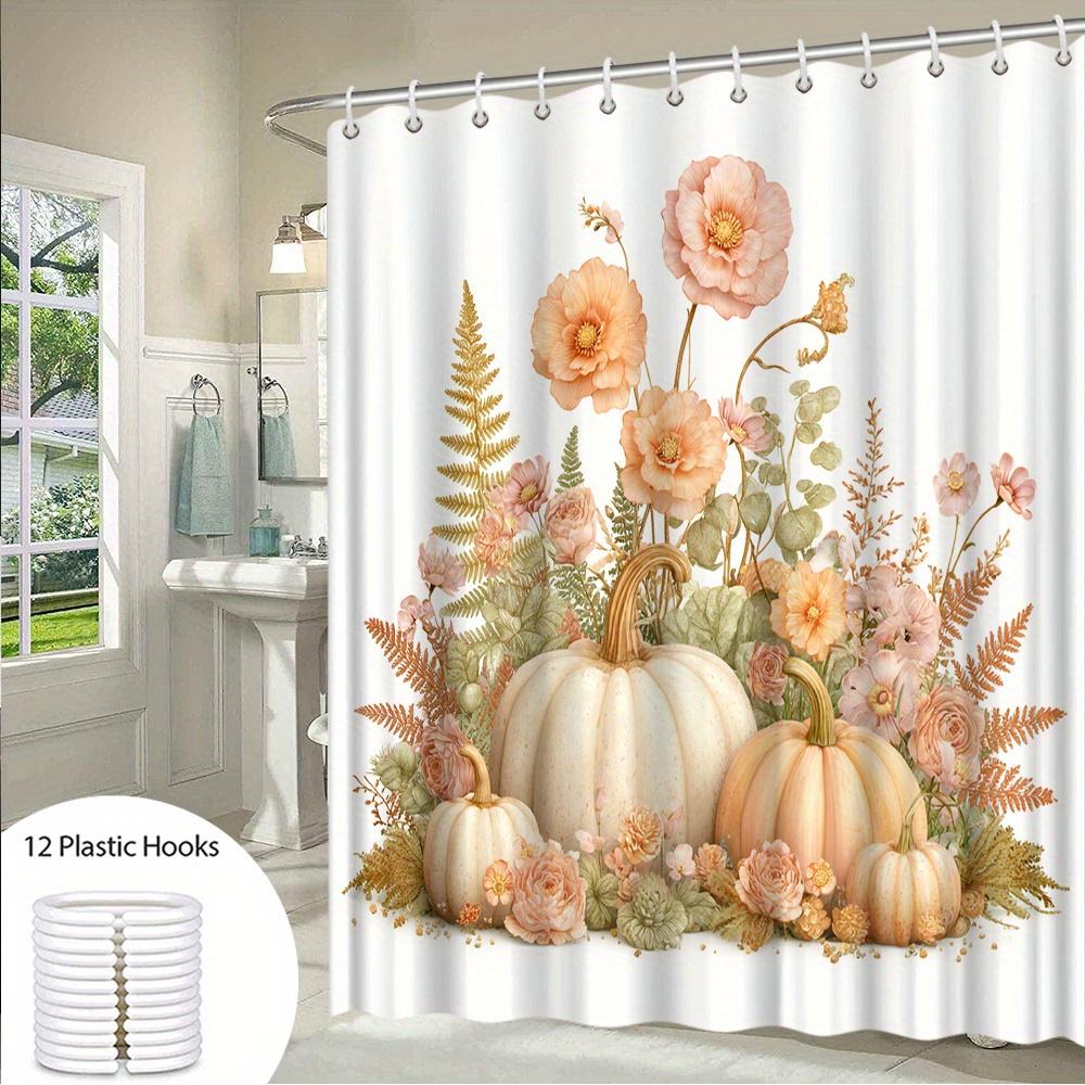 1Pc Fall Shower Curtain Autumn Floral Pumpkin Design With Pink Roses, Greenery & Golden Foliage - Beige & Golden Bathroom Decor,