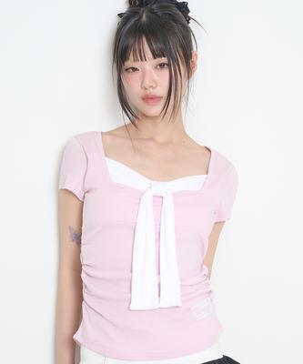 ILLIGO Layered Ribbon Tie T-Shirt Pink
