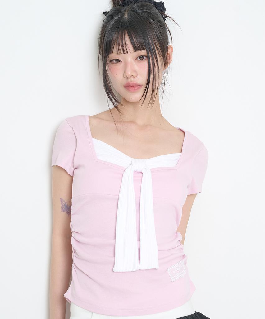 ILLIGO Layered Ribbon Tie T-Shirt Pink